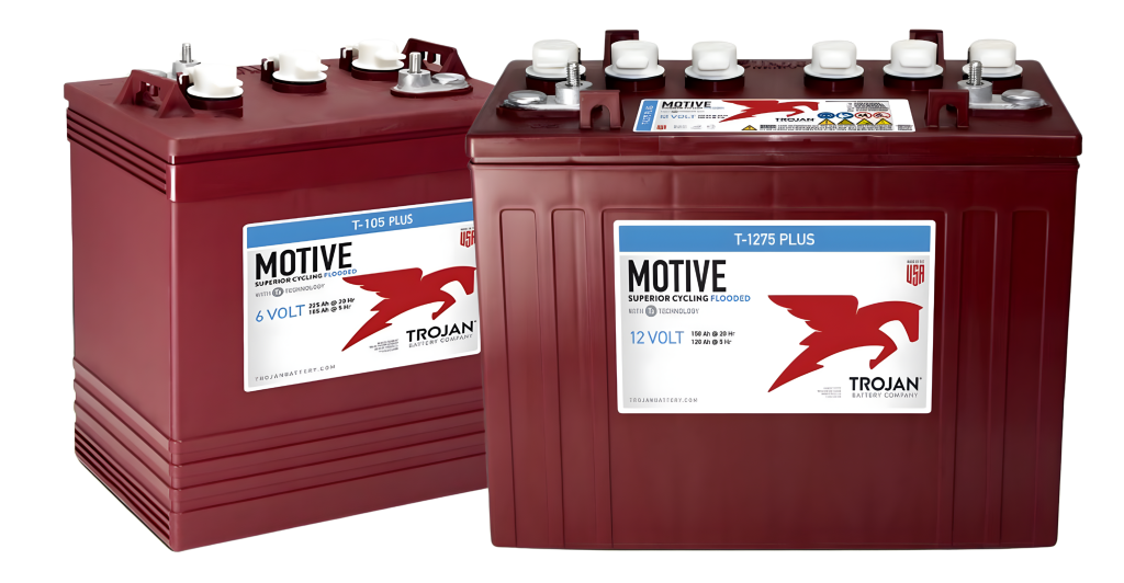 Two red Trojan Motive batteries, a 6 volt T-105 Plus and a 12 volt T-1275 Plus