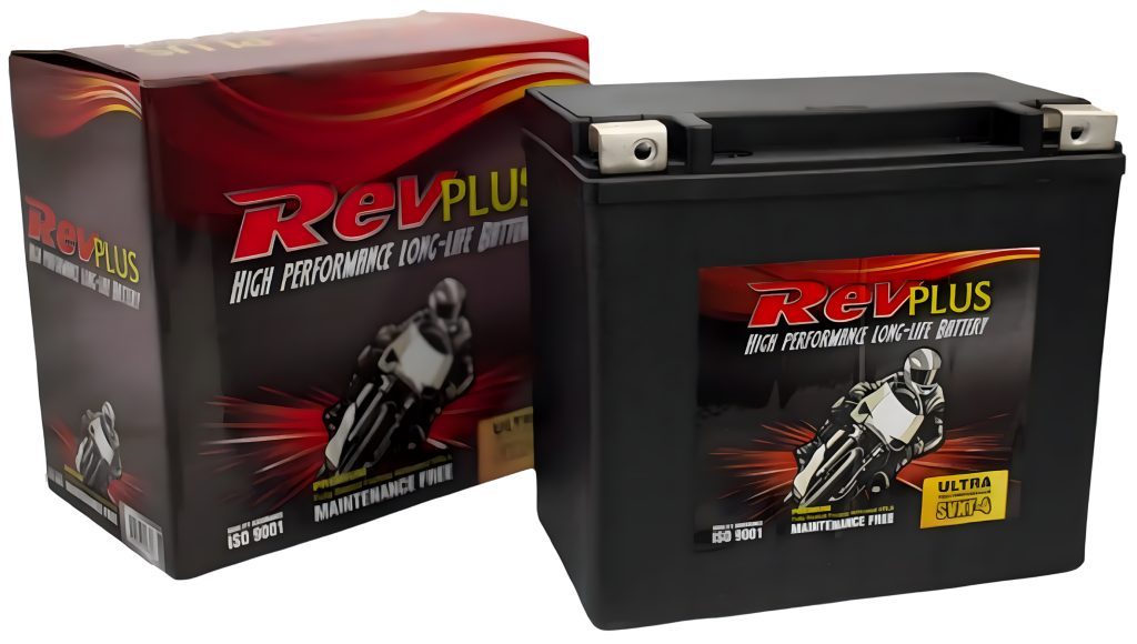 RevPlus high performance motorcycle battery beside its box